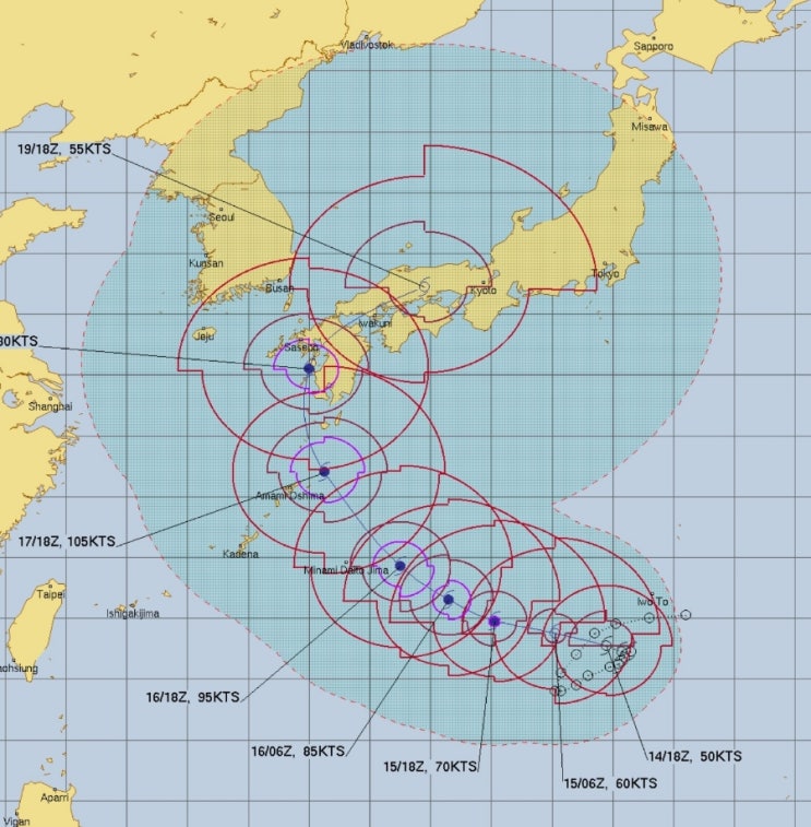  14호 태풍 난마돌 예상 경로 -9월 15일 목요일 07시 기준  (일요일부터 제주 영향 준 후, 일본 쪽 이동 예정)