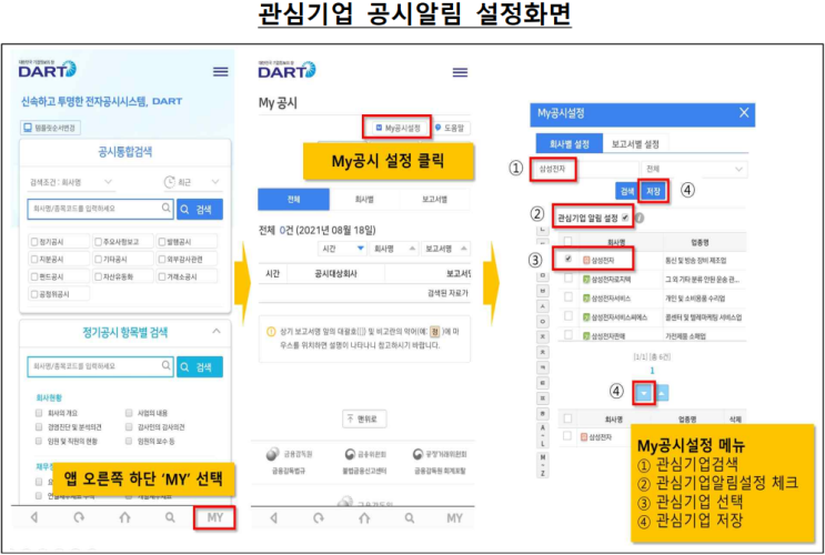  DART(전자공시시스템) 모바일앱에서 관심기업에 대한 공시알림을 수신하는 방법