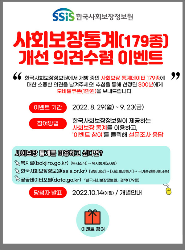 사회보장통계 설문조사 이벤트(상품권 1만원 300명)추첨 사회보장통계 설문조사 이벤트(상품권 1만원 300명)추첨