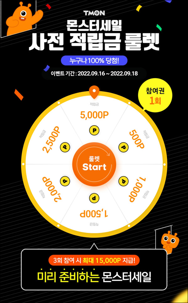 티몬 사전 적립금 룰렛이벤트(최대~5,000p)매일 즉당~09.18까지 티몬 사전 적립금 룰렛이벤트(최대~5,000p)매일 즉당~09.18까지