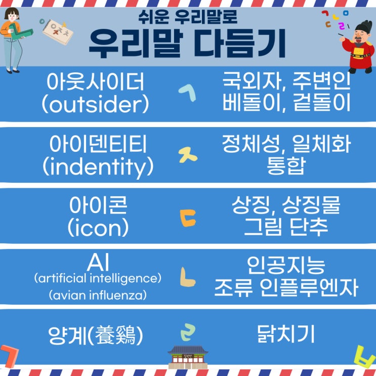  [9월 16일 아름다운 한글사랑] 아웃사이더, 아이덴티티, 아이콘, AI, 양계를 우리말로 다듬어보자!