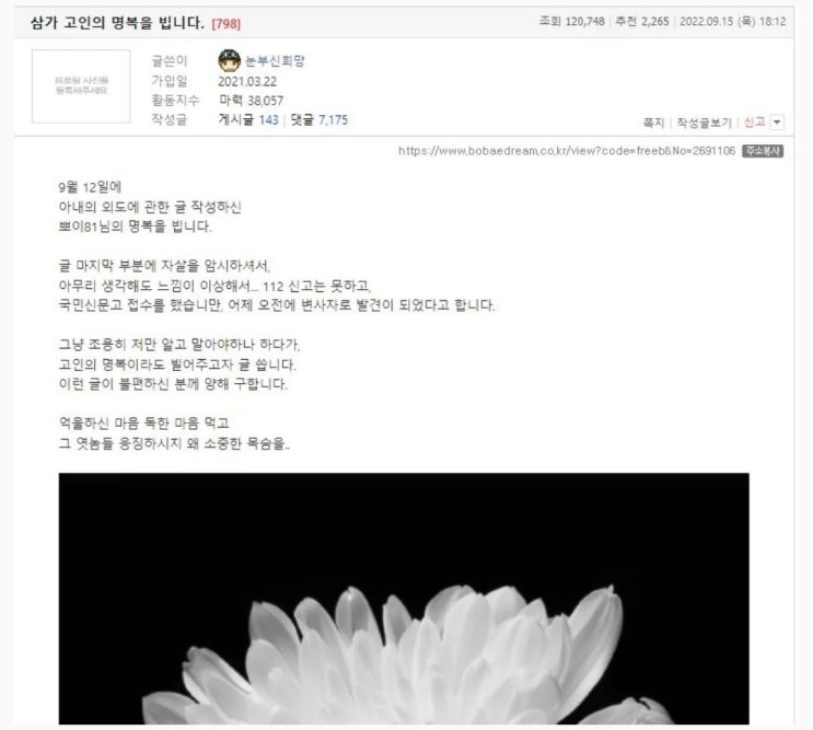 아내의 외도로 스스로 생을 마감한 보배드림 회원 아내의 외도로 스스로 생을 마감한 보배드림 회원