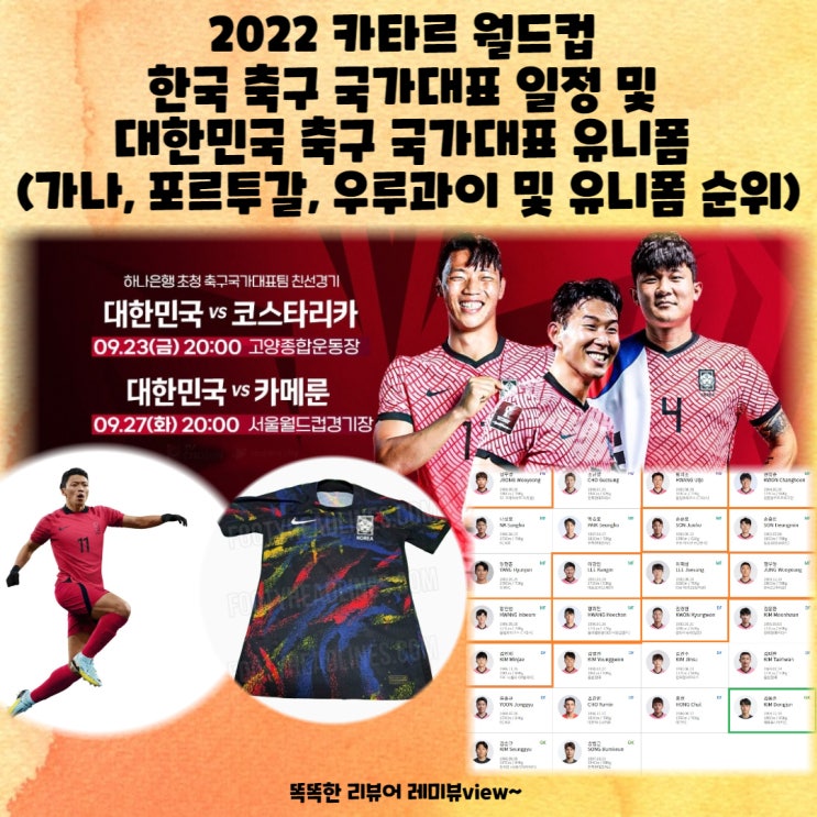 2022 카타르 월드컵 한국 축구 국가대표 일정 및 대한민국 축구 국가대표 유니폼 (다른 국가 유니폼 순위도) 2022 카타르 월드컵 한국 축구 국가대표 일정 및 대한민국 축구 국가대표 유니폼 (다른 국가 유니폼 순위도)