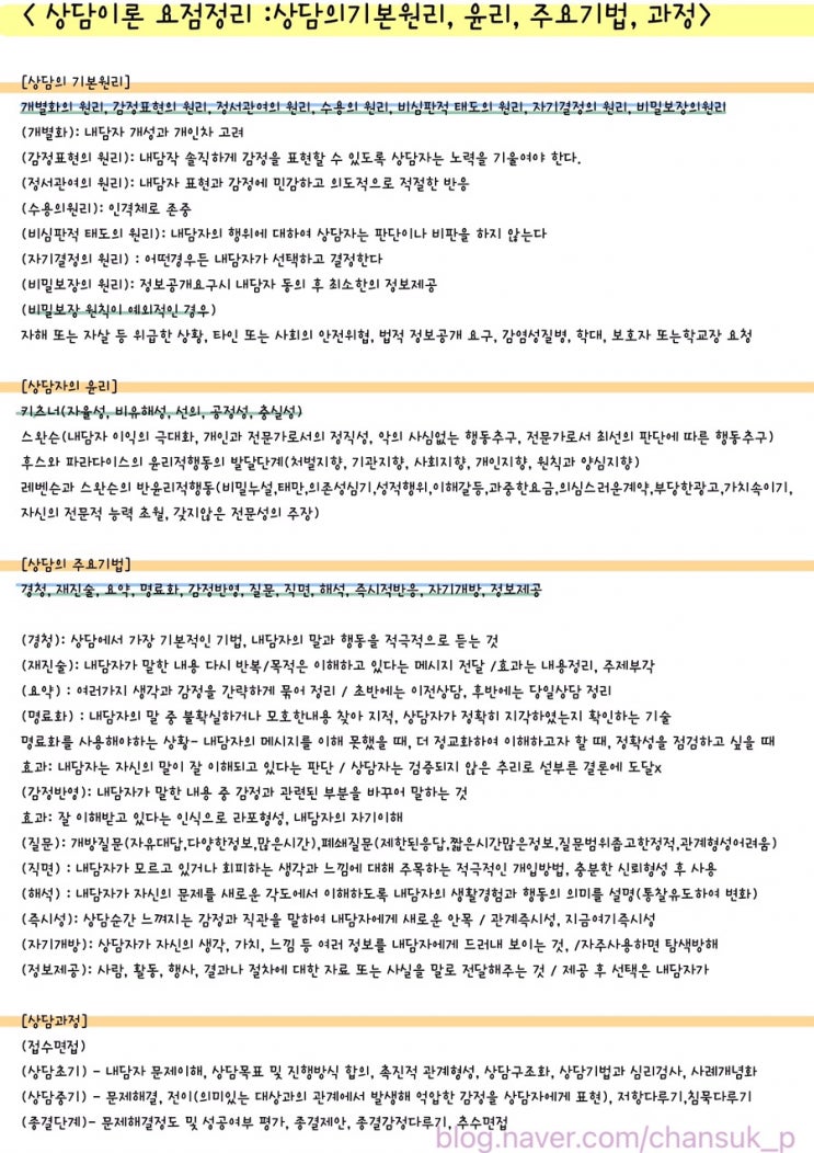 [전문상담] 상담이론 요점정리 :상담의기본원리, 윤리, 주요기법, 과정