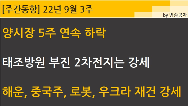  [업종등락] 22년 9월 3주, 양시장 5주 연속 하락, 태조방원 부진 시장 분위기 변하나?