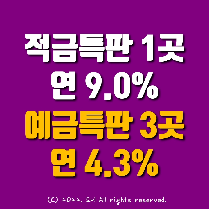 적금특판 연9.0% 예금특판 연4.3%. 왜관농협, 여수중앙, 등촌, 중도신협