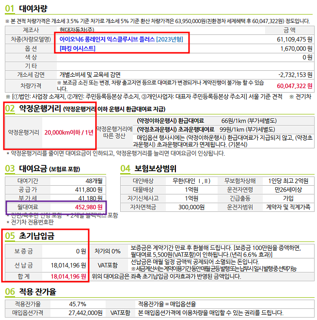  2023 아이오닉6 Long Range Exclusive + 장기렌트 모의견적,가격표