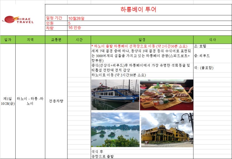 2022년 10월 28일 베트남 하롱베이 일일 단독 관광투어 5인 견적 [미래트래블]