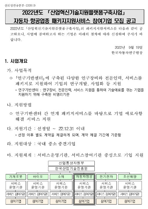 2022년 자동차ㆍ항공업종 패키지지원서비스 참여기업 모집 공고(산업혁신기술지원플랫폼구축사업) 2022년 자동차ㆍ항공업종 패키지지원서비스 참여기업 모집 공고(산업혁신기술지원플랫폼구축사업)