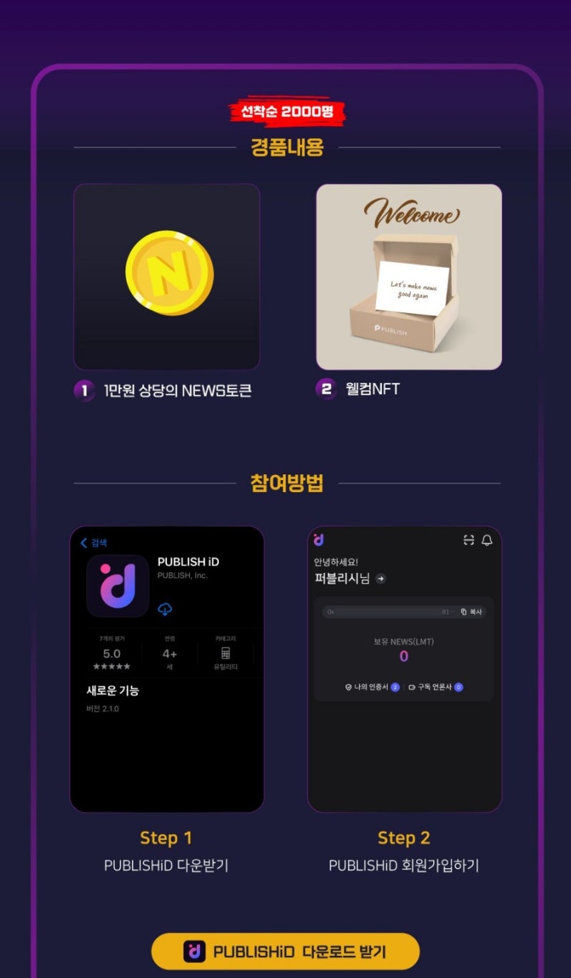 무료 에어드랍 참여자 전원 지급 퍼블리쉬드 Publish iD 3천원 상당 코인100%지급 및 NFT 선착순 2,000명 지급 채굴까지  1타3피 : 네이버 블로그