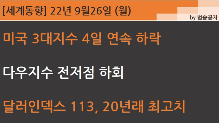 [PT] 22.09.26 (월) 미국, 한국 전저점 테스트 중, 현금들고 관망할 시기