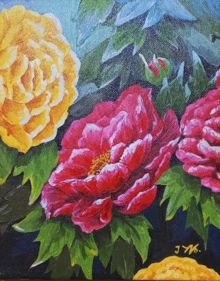  풍수에 좋은 그림 모란 꽃, 해바라기 꽃  아크릴 물감으로 그리기