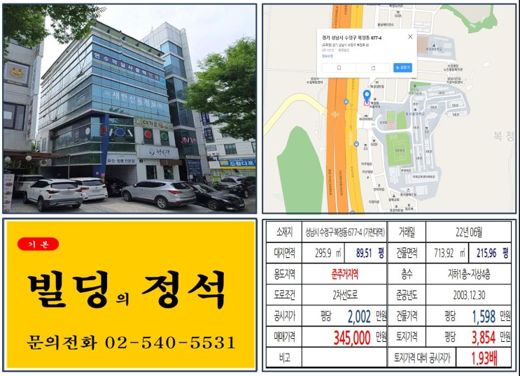 [성남시 수정구 동서울대학교 30억 빌딩 실거래가 조회] 복정동 677-4 (가천대역) 34억 5,000만 원, 평당 3,854만 원 매매되었습니다. 대학상권 빌딩매매
