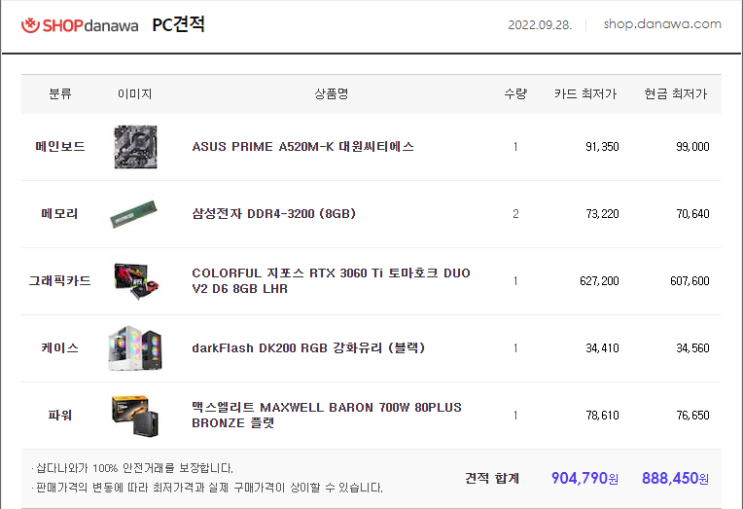  AMD5600과 SSD는 보유중이시고  RTX3060Ti 셋팅견적 요청(예산 90~100만 준비중) 2022.09.28