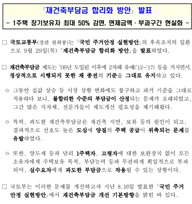 재건축부담금 합리화 방안 발표(1주택 장기보유자 최대 50% 감면, 면제금액·부과구간 현실화)_국토교통부 재건축부담금 합리화 방안 발표(1주택 장기보유자 최대 50% 감면, 면제금액·부과구간 현실화)_국토교통부