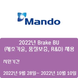 [전자·자동화] [만도] 2022년 Brake BU(제조기술, 품질보증, R&D) 채용 ( ~10월 10일)