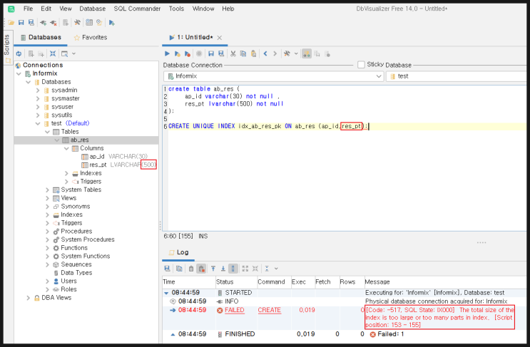  [오류] (Informix) 517: The total size of the index is too large or too many parts in index.