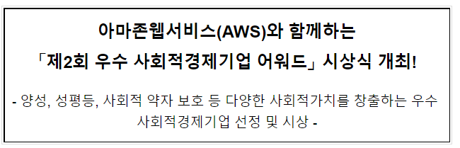 아마존웹서비스(AWS)와 함께하는 “제2회 우수 사회적경제기업 어워드” 시상식 개최! 고용노동부 아마존웹서비스(AWS)와 함께하는 “제2회 우수 사회적경제기업 어워드” 시상식 개최! 고용노동부
