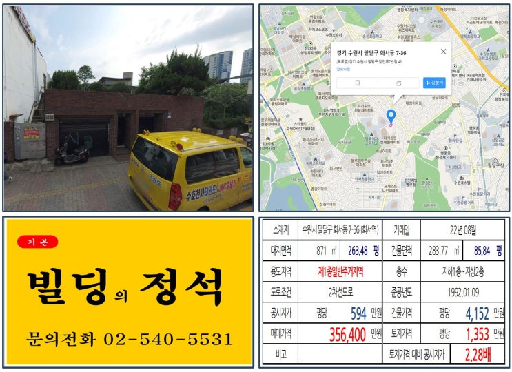 [수원시 팔달구 30억 빌딩 실거래가 조회] 화서동 7-36 (화서역) 35억 6,400만 원, 평당 1,353만 원 매매되었습니다. 스타필드 수원, 신분당선 광교~호매실 연장호재