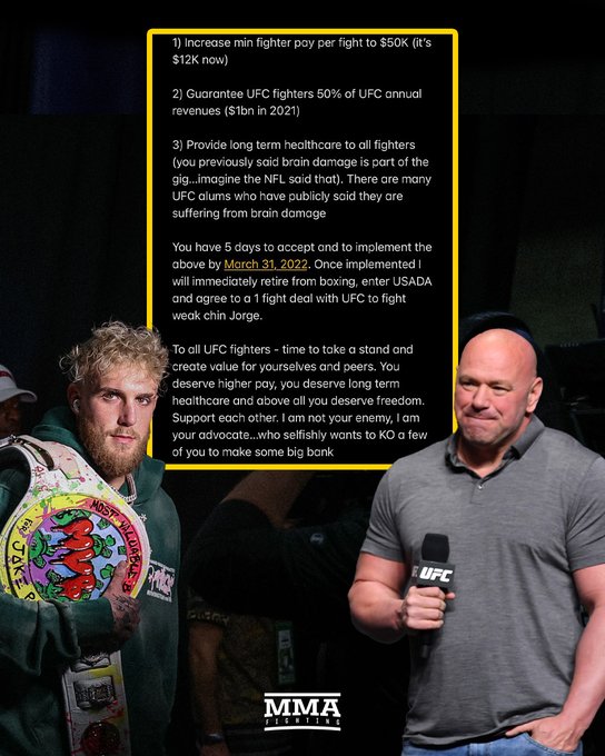 제이크 폴, 데이나 화이트에 도전: 파이터 수입 50% 분배 & 건강보험 도입하면 UFC 간다