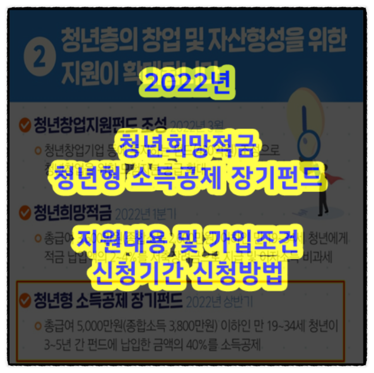  2022년 청년희망적금 청년형 소득공제 장기펀드 지원내용 및 가입조건 신청기간 신청방법
