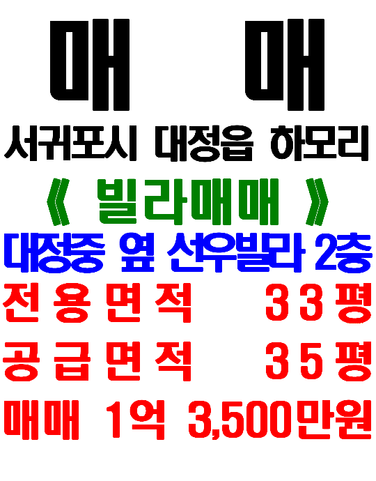  대정읍 하모리 대정중학교 옆 선우빌라 2층 매매