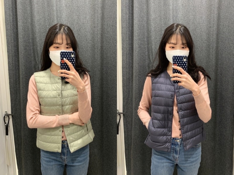유니클로 여성 경량패딩조끼 울트라라이트다운 컴팩트베스트 s,m 착용샷