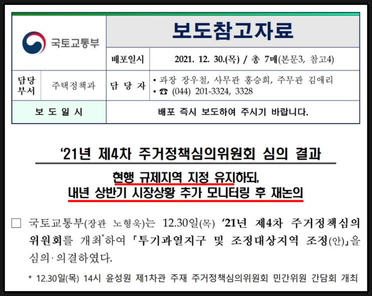 4차 주거정책심의위원회 심의결과('21.12.30) 규제지역 현행 유지..