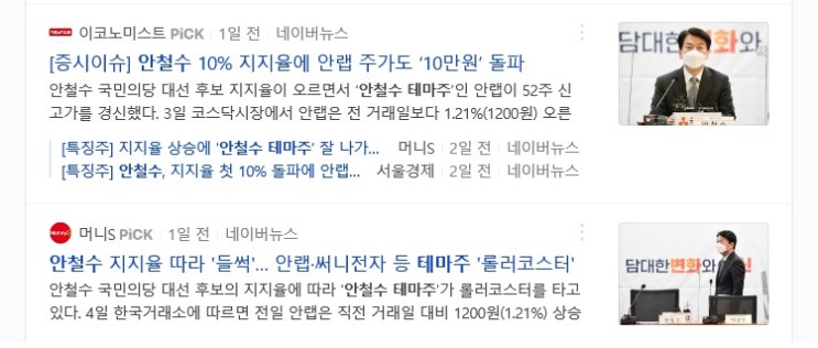  안철수 관련주 대선주  안랩, 써니전자, 까뮤이앤씨, 다믈멀티미디어 등 12개 종목
