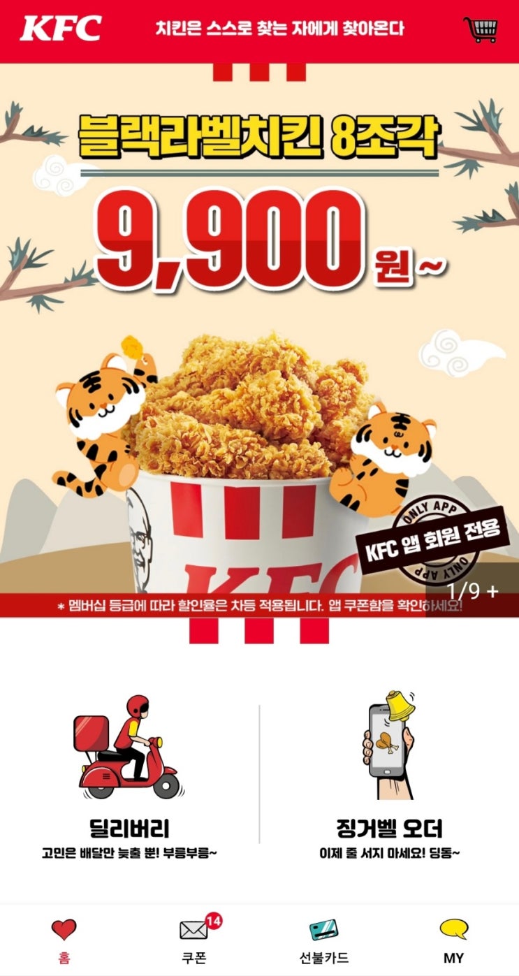  케이에프씨 kfc 앱에서 쿠폰받고 블랙라벨치킨 8조각 할인 구입했어요.