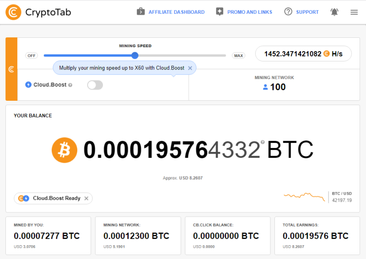 크립토탭(CryptoTab) 브라우저를 통한 비트코인 채굴 현황 및 채굴 네트워크 100명 (2022.01.07) 크립토탭(CryptoTab) 브라우저를 통한 비트코인 채굴 현황 및 채굴 네트워크 100명 (2022.01.07)