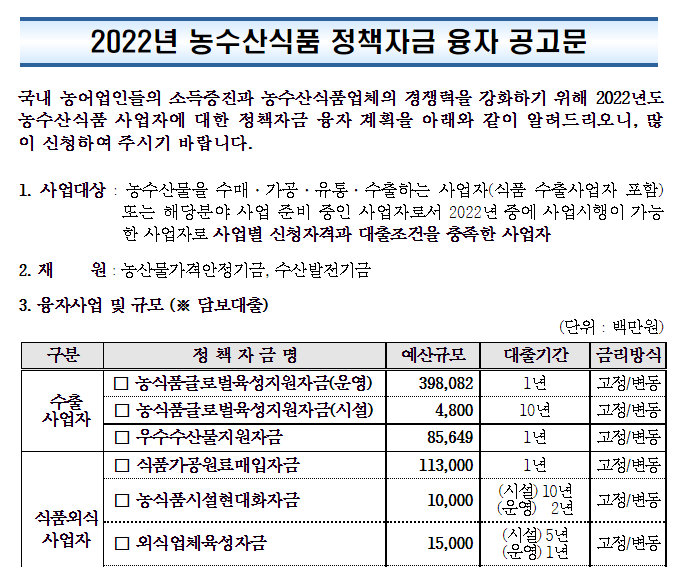 2022년 농수산식품 정책자금 융자 공고_농림축산식품부