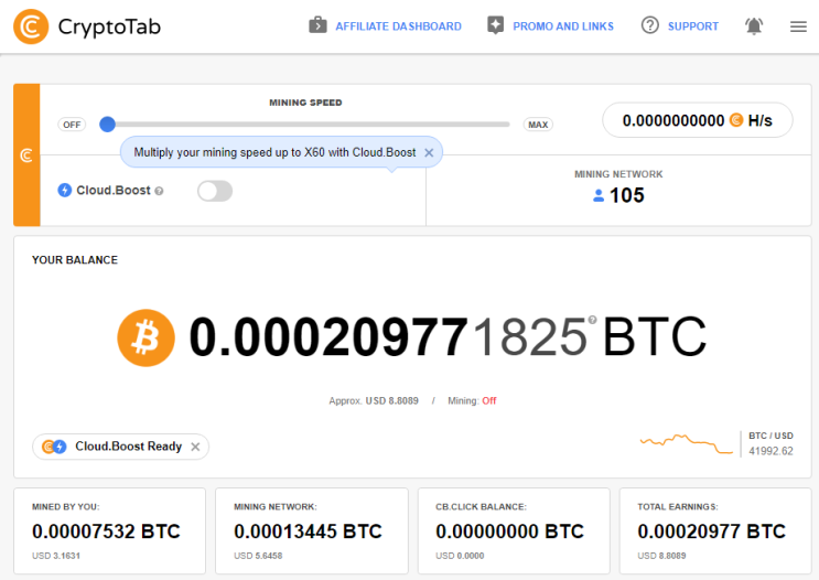 크립토탭(CryptoTab) 브라우저를 통한 비트코인 채굴 현황 및 채굴 네트워크 105명 (2022.01.11) 크립토탭(CryptoTab) 브라우저를 통한 비트코인 채굴 현황 및 채굴 네트워크 105명 (2022.01.11)
