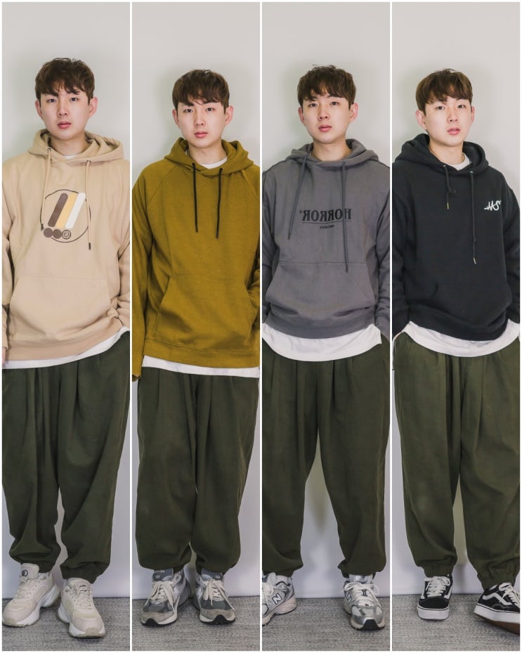  남자 카키색 바지 코디, 와이드 조거팬츠 & 후드티 조합 추천