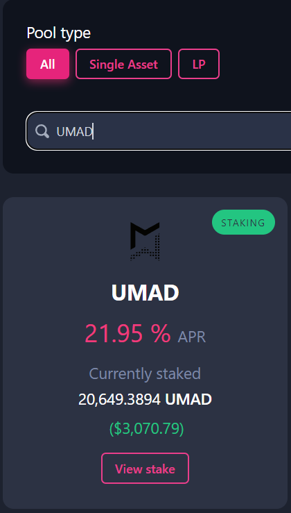  Madworld UMAD 코인 스테이킹하여 이자받기 (현재 APR 21%)