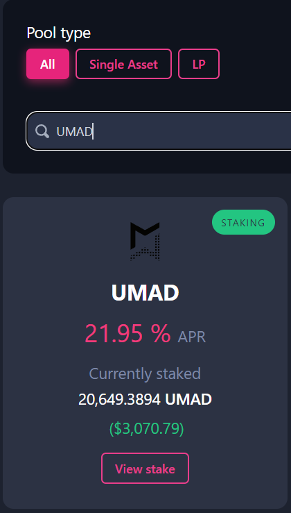 Madworld UMAD 코인 스테이킹하여 이자받기 (현재 APR 21%)