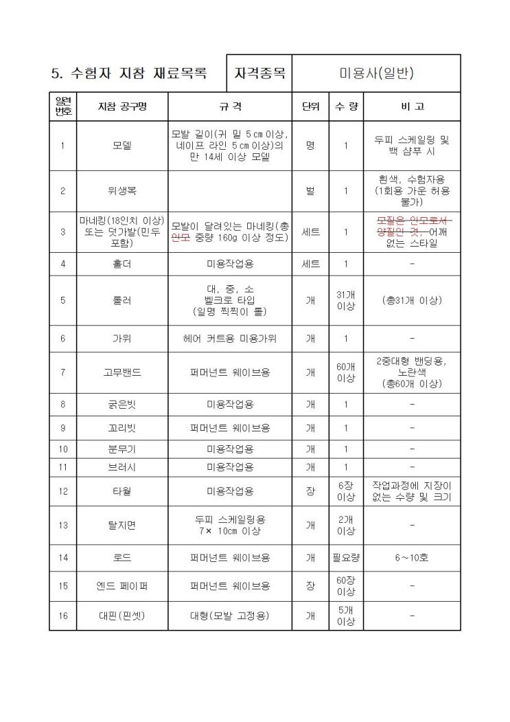  22년 미용사 수험자지참재료목록