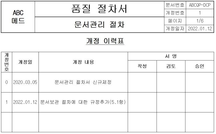 품질관리 업무중 문서관리 스타일2 – 절차서 표지