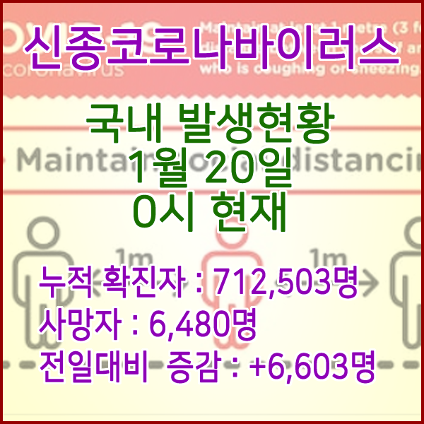 코로나19(코로나바이러스) 1월 20일 0시 신규확진자 6,603명 / 사망자 6,480명