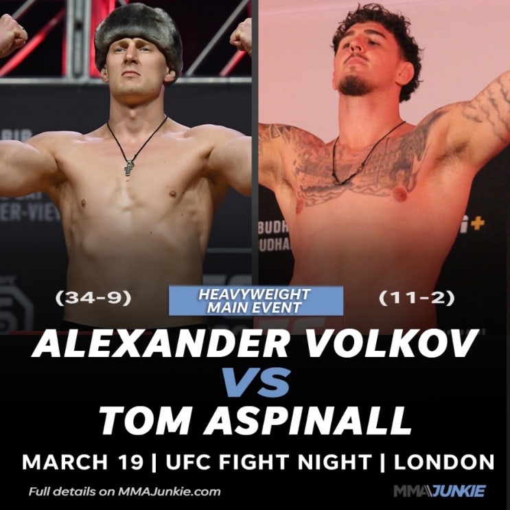 알렉산더 볼코프 vs 톰 아스피날 3월 20일 런던/패디 핌블렛 vs 카줄라 바르가스 등 MMA 뉴스