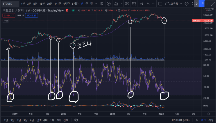  <일봉 기준> 22-1-25 화요일. 비트코인 시황 분석 (희망적인 부분 - 일 년에 한두 번 오는 자리? / RSI)