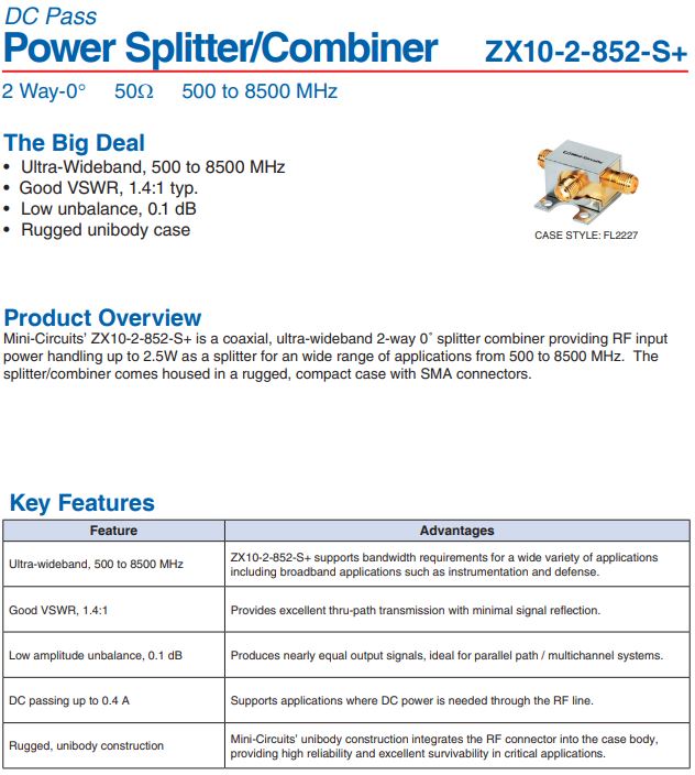  Mini-circuits  Power Splitter/Combiner  AX10-2-852-S+ (500 to 8500MHz)