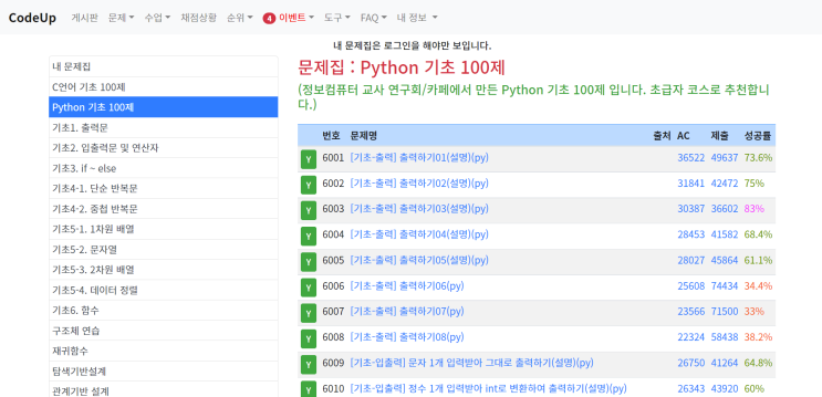  CODEUP 파이썬 기초 100제 풀기 완료