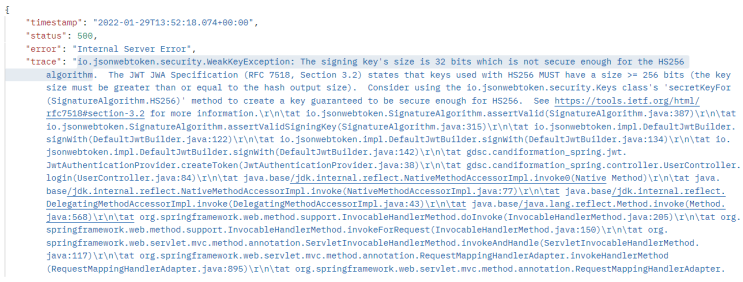 io.jsonwebtoken.security.WeakKeyException: The signing key's size is 32 bits which is not secure eno