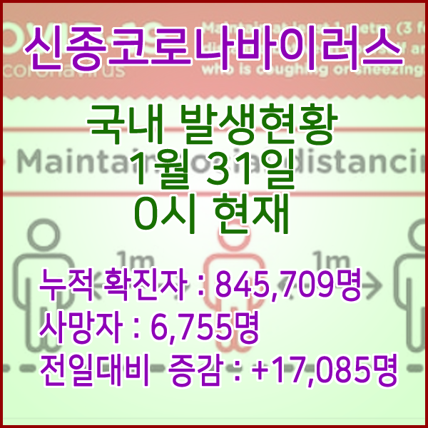  코로나19(코로나바이러스) 1월 31일 0시 신규확진자 17,085명 / 사망자 6,755명