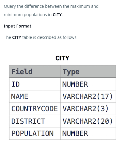 SQL 문제 34 - Population Density Difference(HackerRank)