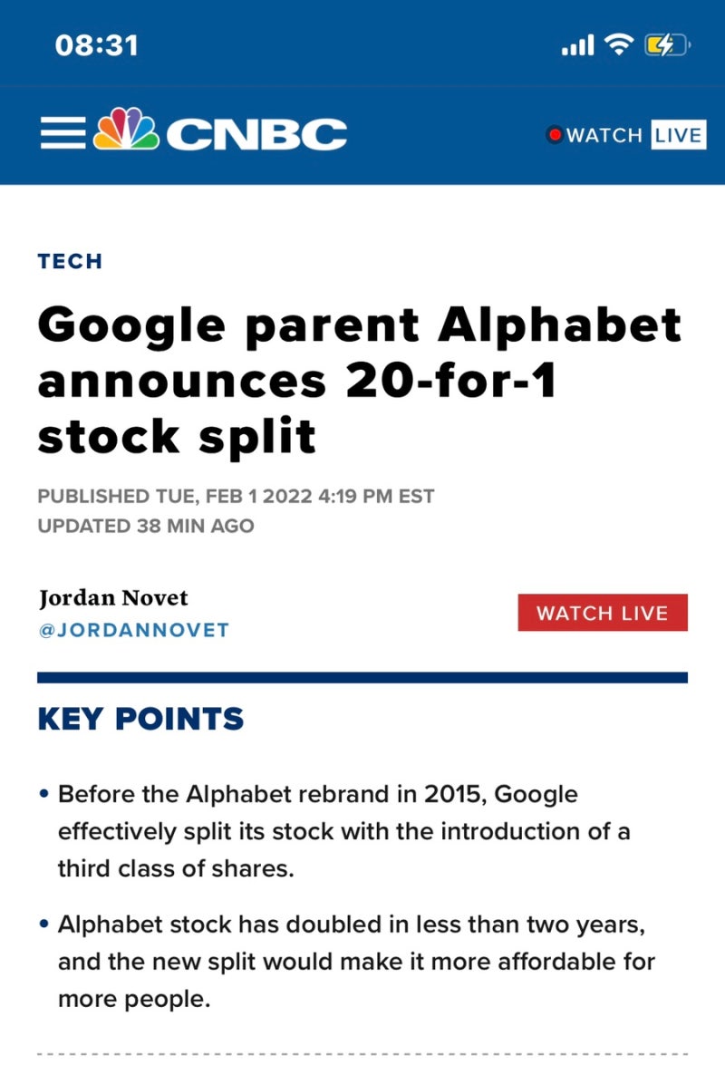 구글 4분기 실적 어닝서프라이즈, 주식 분할 split 발표 20:1 (애프터장 급등) 액면분할 후 주가전망 : 네이버 블로그
