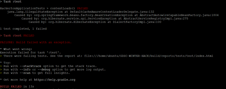 spring boot Execution failed for task ':test'. &gt; There were failing tests.