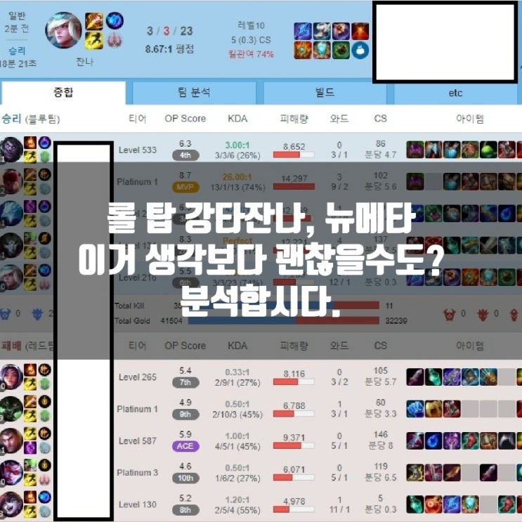 롤 탑 강타잔나? 뉴메타 분석