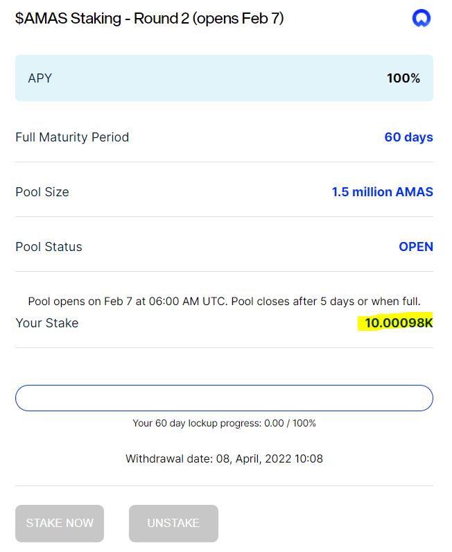  AMASA 코인(AMAS) 스테이킹 후 이자 받기(APY : 100%)